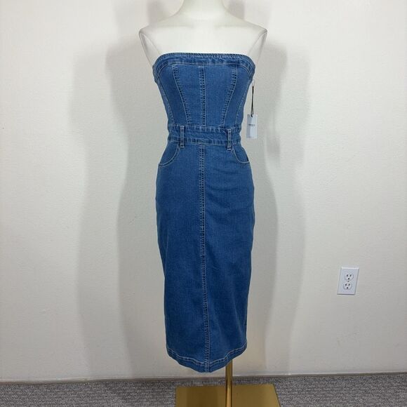 Forever 21 Dresses & Skirts - Forever 21 Dress Womens Small Blue Denim Strapless Bodycon Midi Pockets Corset